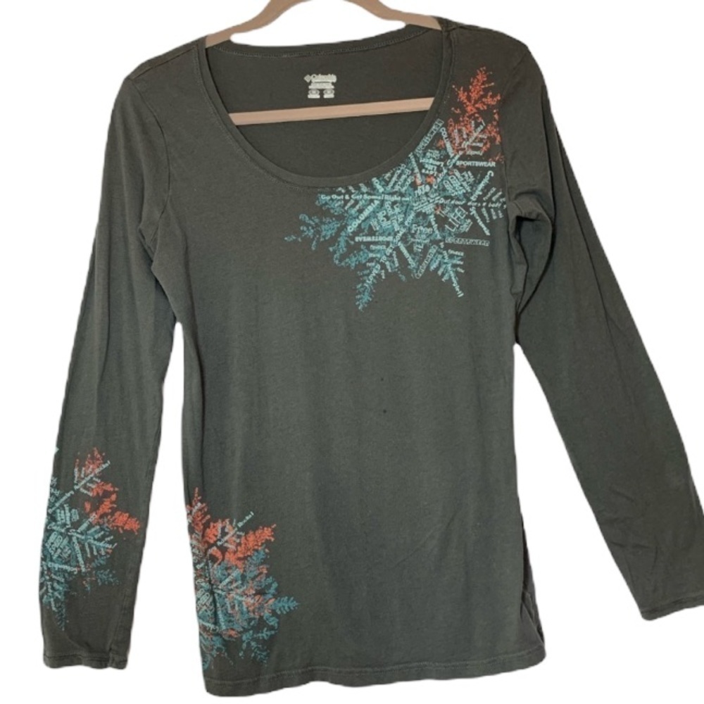 Columbia Women’s Snow Flake Print Long Sleeve T Shirt Size M Gray Scoop Neck